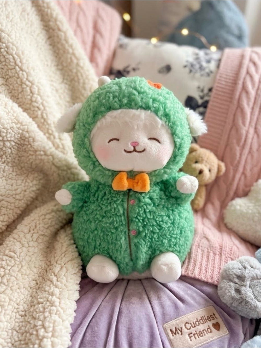 Green Plush 🐑 Lamb Stuffed Animal with Orange Bow - Cute Kids Toy